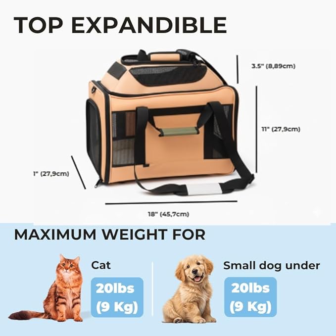 Cat Carrier Dog Carrier Airline Approved, Pet Carrier for 2 Cats Small Medium Dogs, Soft Cat Carrier 18x15x15 with Foldable Bowl & Washable Pad, TSA Approved Dog Carriers by Luniko Shop (Orange)