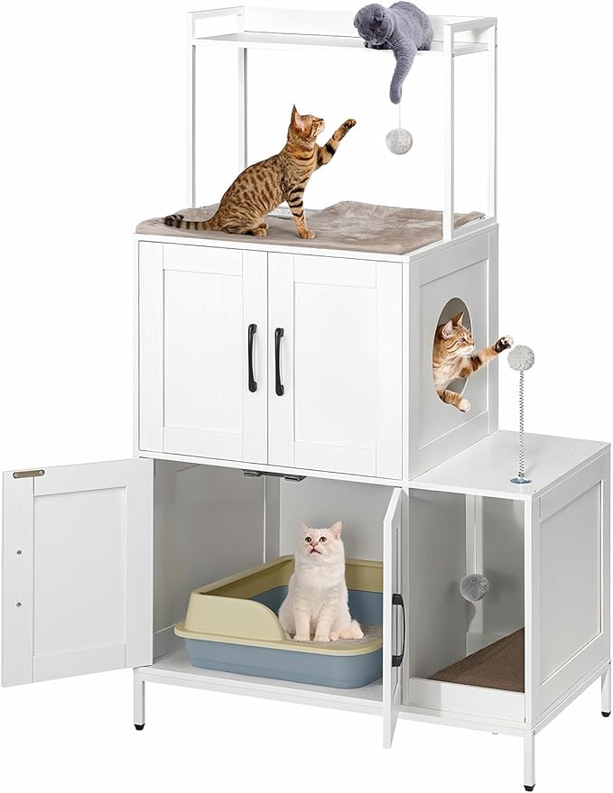 HOOBRO Litter Box Enclosure, Litter Box Furniture with Storage, 2-in-1 Hidden Cat Furniture with Shelf, 2 Dangling Plush Balls and 1 Toy Ball, Large Wooden Cat Washroom, White WT78MW01
