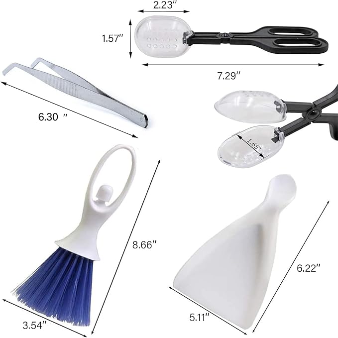Tiny Cleanning Broom, Scooper Feeding Tool,Mini Dustpan and Brush, Stainless Steel Tweezer Reptile Tank Cleaner for Reptile and Other Small Animals Supplies 3Pcs