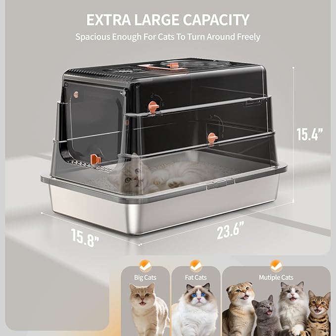 Stainless Steel Cat Litter Box with Lid, Enclosed Extra Large Metal Litter Pan for Big Cats, Full Flip Cover High Sided LitterBox Include Scoop, Easy Cleaning, Non-Stick, Black
