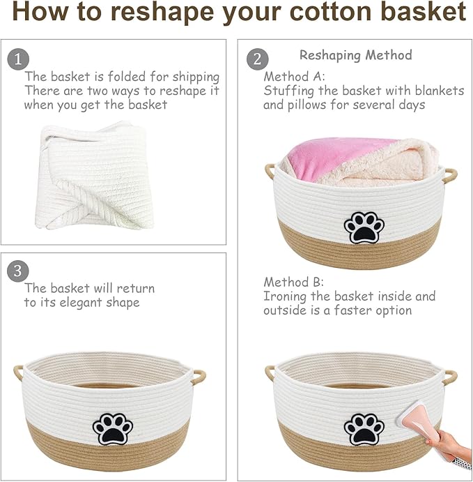 Dog Toy Basket,Large Dog Toy Storage Woven Rope Basket ,Dog Toy Bin with Comfortable Handles,for Dog Cat Storage Organizer,Blanket & Leash Storage,Toys,White & Brown