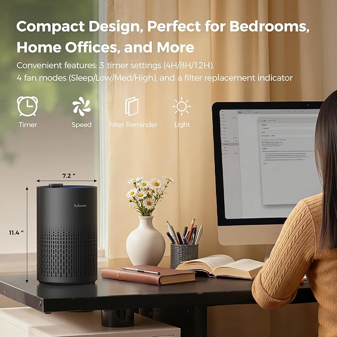 Purivortex Air Purifiers for Home, Quiet HEPA Air Filter for Pollen, Smoke, Dust, Pet Dander, Odor, Hair, Covers Up to 880 Sq Ft (Model: PX500 Black with Fragrance Sponge)