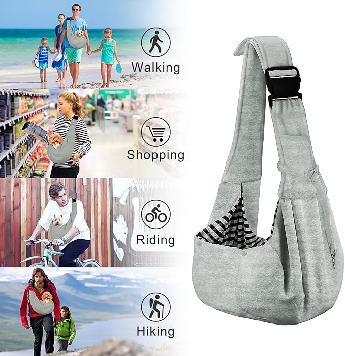PETLOFT Reversible Small Dog Cat Sling Carrier, Adjustable Hands Free Cross Body Carrier with Collar Hook for Dog/Cat/Bunny up to 11lb (Light Grey)