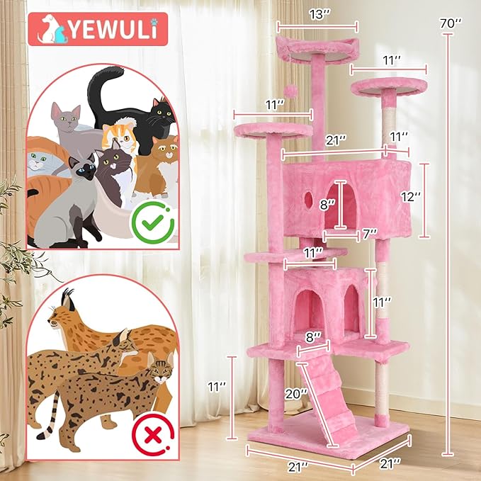 70in Cat Tree Cat Climbing Tower with Scratching Post, Cats House Perch Kitten Tree Condo Wood Playhouse, Pet Trees Tower for Indoor Cats, Pink