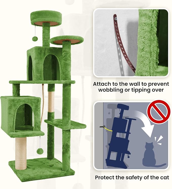 58.5inch Large Cat Tree Tower Condo for Indoor Cats, Soft Plush Multi-Level Climbing Tree Cat House with 1 360° Rotating Cat Cave, Scratching Post, More Entrance/Exit, Sisal Rope, Green