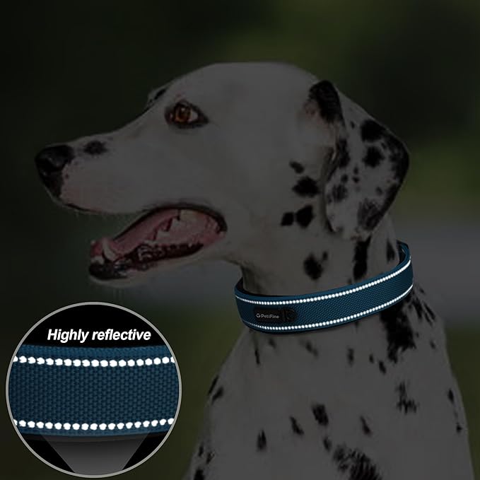 PetiFine Dog Collars for Medium Dogs, Neoprene Padded and Adjustable, Reflective Wide Heavy Duty Pet Collars with Durable Metal Belt Buckle for Walking, Blue, M