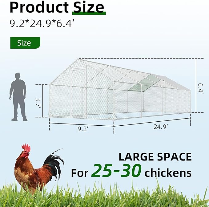 4ever2buy Large Metal Chicken Coop with Run Walk-in Poultry Cage Chicken Runs House Pen Cage Spire Roofed Chicken Coops with Anti-Ultraviolet Cover for Outdoor Backyard Farm Use 9.5’Lx24.9’Wx6.4’H
