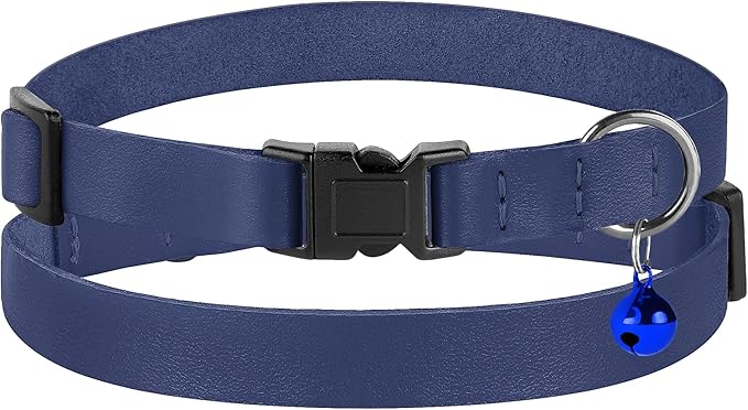 Breakaway Cat Collar with Bell - Leather Adjustable Kitten Collars with Safety Quick Release Buckle - Soft Small Pet Collars for Girl & Boy Cats (Deep Blue)