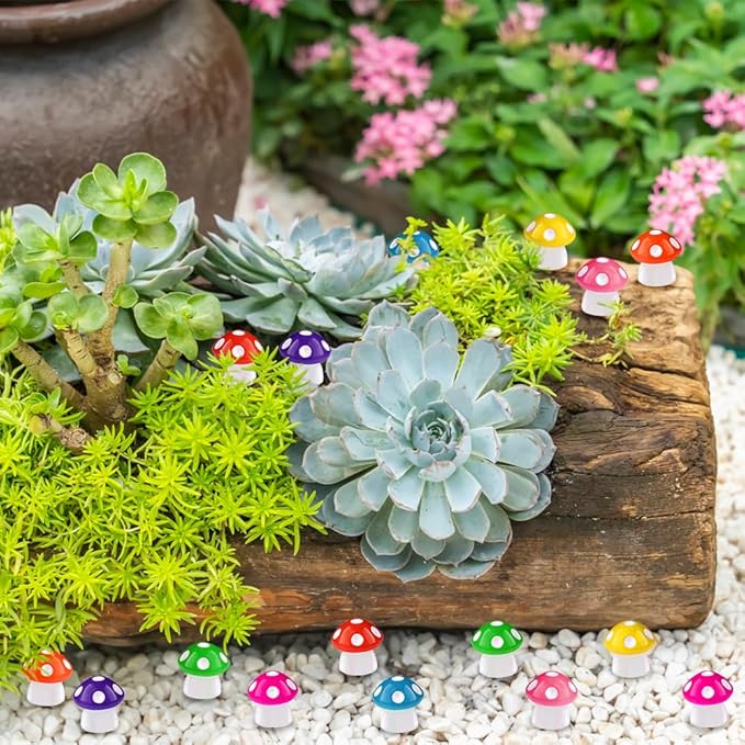 DIYDEC 100pcs Mini Resin Mushroom 8 Colors Small Mushrooms Figures Tiny Resin Mushrooms Plastic Little Miniature Mushrooms Bulk for Dollhouse Decor Micro Fairy Garden Landscape Aquarium Tiny Toys