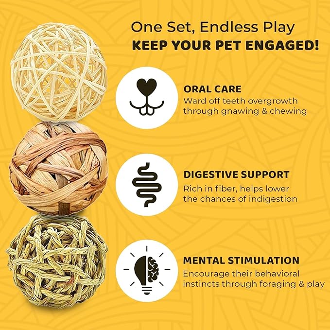 SunGrow Assorted Rabbit & Cat Chew Balls, Teething Activity Toy for Pocket Pets, Improves Dental Health, Environment Friendly, Stress Reliever (Assorted Rabbit Chew Balls, 6 Pcs)