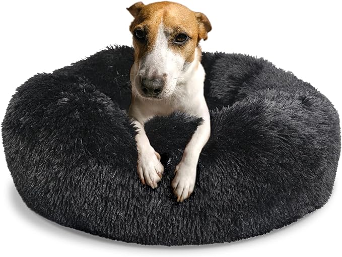 Calming Donut Dogs Beds for Medium Dogs up to 45 lb,30inch Anti-Slip Plush Round Dog Bed with Raised Rim,Fluffy Faux Fur Pet Bed for Cozy Sleep,Black