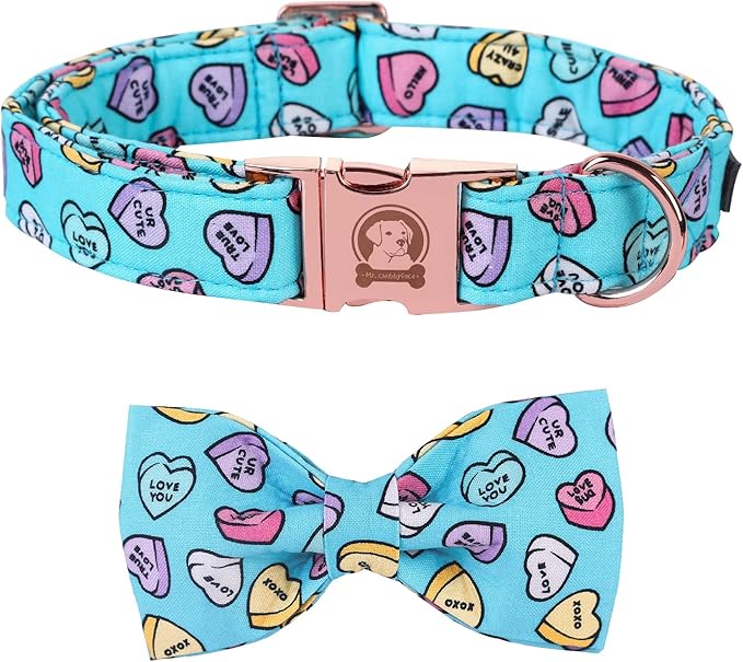 MR. CHUBBYFACE Valentine's Dog Collar with Bowtie, Cute Blue Heart Dog Collar with Metal Buckle, Adjustable Cotton Collar for Small Medium Large Dogs
