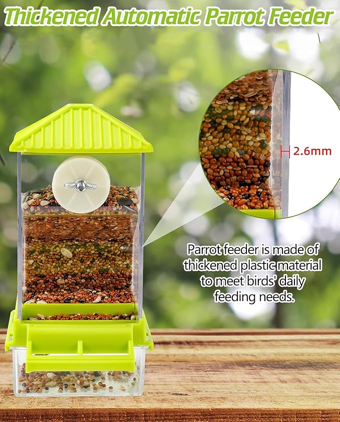 BNOSDM No Mess Automatic Bird Feeder Anti-Splash Bird Feeder Acrylic Transparent Food Container Parrot Cage Accessories for Parakeets Budgies Lovebirds Cockatoos Conures Finches (Green)