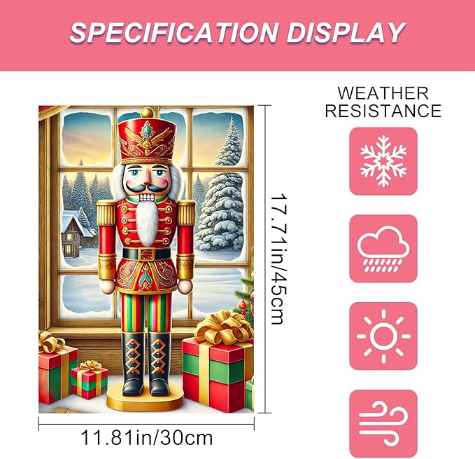 Christmas Garden Flag 12x18 Inch Nutcracker Soldier Decor Gift Box Snowy Pine Cottage Winter Forest Red Green Gold Classic Holiday Yard Lawn Outdoor Fence Decoration Tree Ornament Display