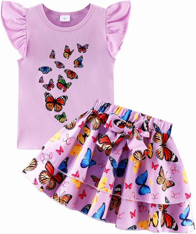 Girls Skirt Set 2 Piece Outfit Toddler Summer Clothes Ruffle Sleeve T-Shirt Bow Knot Tutu Skirt Outfit Set