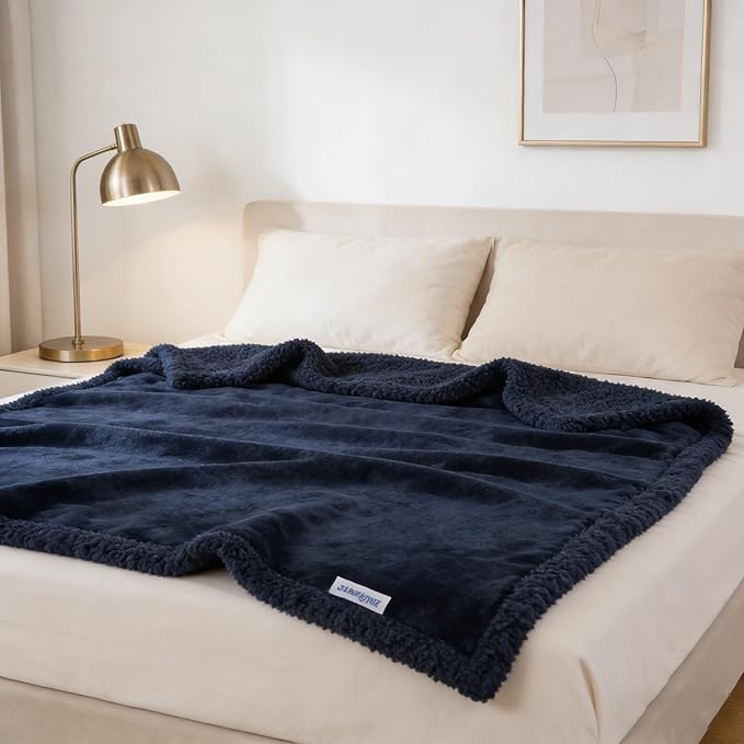 Waterproof Dog Blanket for Large Dogs - Reversible Washable Pet Blanket, Soft Sherpa Fleece Furniture Protector, Cat Throw Bed Couch, Navy, 60"x80"