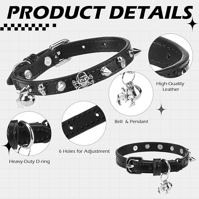 EXPAWLORER Cat Collar for Girl Boy Cats- Adjustable Leather Pet Collar with Safety Elastic Belt,Personalized Punk Accessories Buckle Collars with Bell & Durable D-Ring, Rivet (Black)