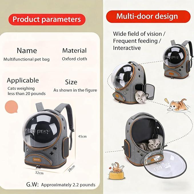 Cat Backpack Carrier, Breathable Cat Carrier Large Space Bubble Pet Backpack for Small Dog and Large cat up to 18lbs, Transparent & Foldable Pet Carrier for Travel Hiking (Grey)