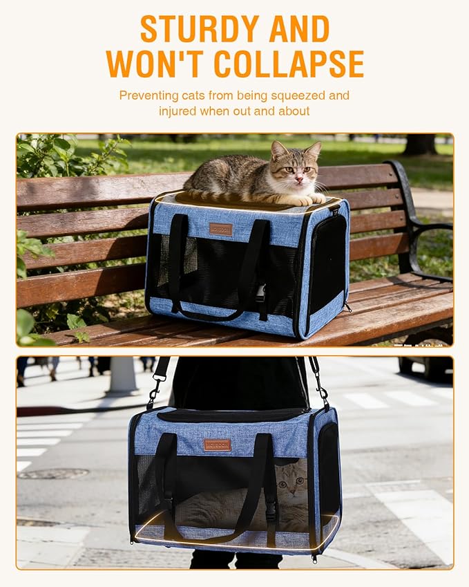 PETUX Large Pet Carrier for Large Cats ＆ Small Dogs - Up to 20Lb, Top and Side Entry, 4 Side Breathable, Foldable Soft Cat Travel Carrier with Safety Car Seat Buckle and Anti-Scratch Mesh - Blue
