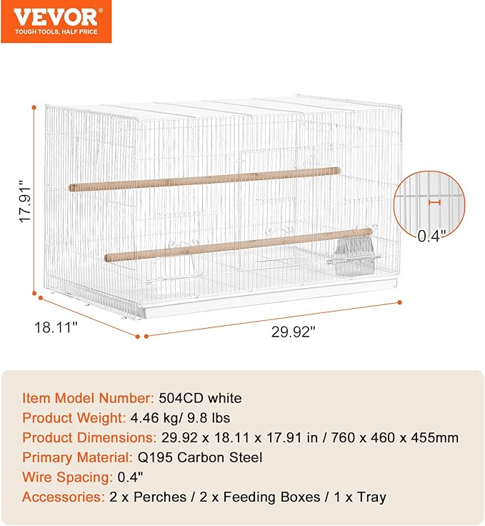 VEVOR 30-inch Flight Bird Cage, Stackable Bird Cage for Small Parrots Canaries Cockatiels Lovebirds Finches Budgies Conures Macaws Pet Travel Birdcage with Handle and Perches