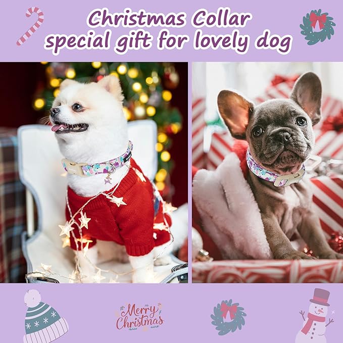 Winter Wonderland Dog Collar for Small Dogs，Adjustable White Puppy Collar with Purple Pink Teal Pine Tree, Deer and Cabin Line Art, for Daily Walks, Photos & Seasonal Adventures - M