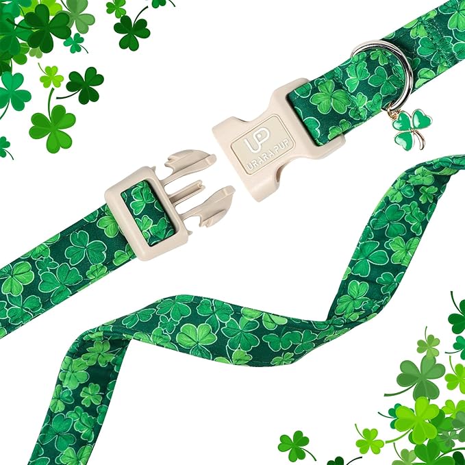 St. Patrick's Day Dog Collar, UP URARA PUP Shamrock Adjustable Pet Collar with Quick Release, St. Patrick's Day Dog Accessories for Small Medium Large Dogs