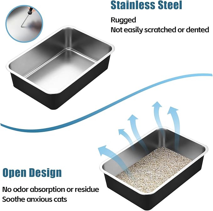 Stainless Steel Cat Litter Box - XL Metal High Sided Cat Pan Tray, Easy to Clean Non Stick Odorless Large Pet Toilet Supplies for Big Cats Kitty Kitten, 23.6 x15.75 x6 Inch, Black