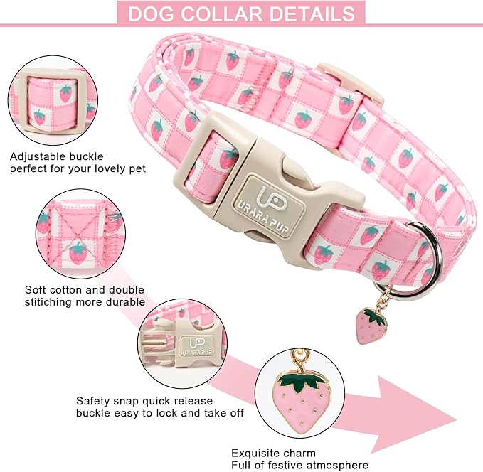 Spring Dog Collar, UP URARA PUP Strawberry Collars in Pink Checkered Adjustable Pet Collar with Quick Release, Daily Dog Accessories for Small Medium Large Dogs