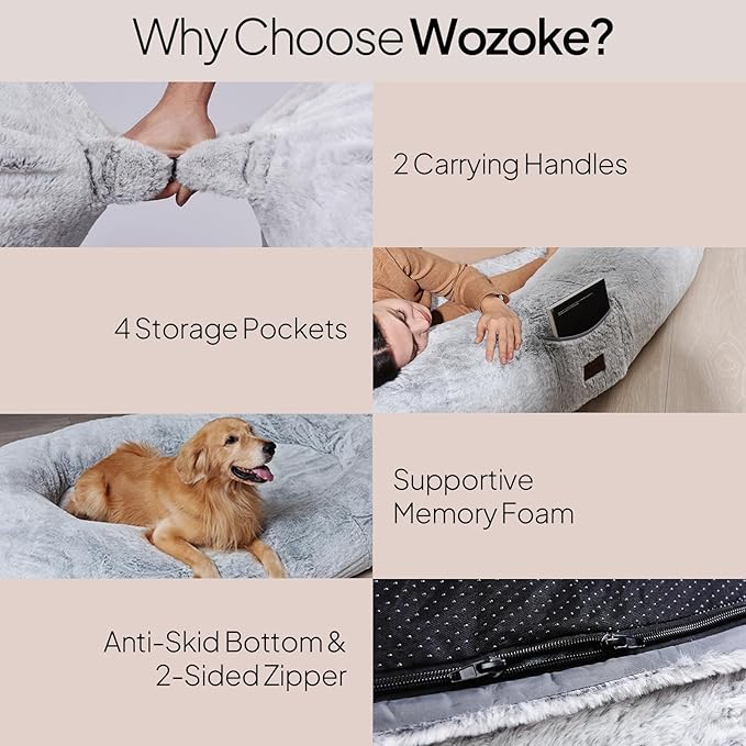 Giant Human Sized Dog Bed for Adults and Pets, 74"x50"x12" Pressure Relieving Memory Foam for Ultimate Comfort, Waterproof & Machine Washable Cover, Family Bedroom Lounger, Grey White