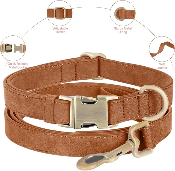 Genuine Leather Dog Collar - Adjustable Pet Collar with Quick Release Metal Buckle, Soft Skin Friendly Real Leather Collar for Small, Medium, Large Dogs (Khaki Collar + Rope, S：Fit 8-16" Neck)