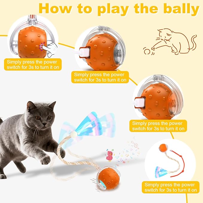 Interactive Cat Toys Ball for Indoor Cats,Automatic Cat Toy with Elastic Mesh Tail,Rechargeable Rolling Kitten Toy,Cat Enrichment Toys for Indoor Cats (RedBlue1, Cat Toy Ball)