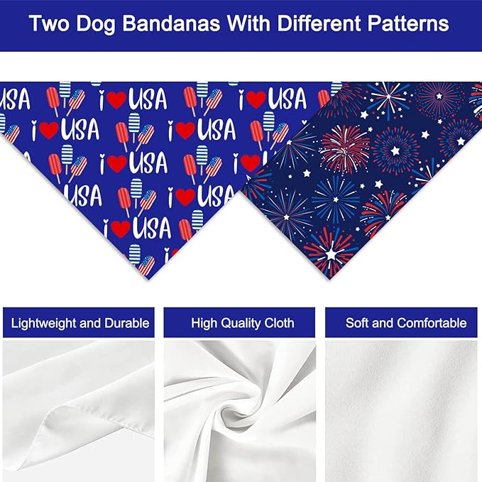 4th of July Dog Bandanas, Patriotic Holiday Party Pet Decorations 2 Pack, Adjustable Independence Day Bandana American Flag Triangle Bibs Cat Scarf Set