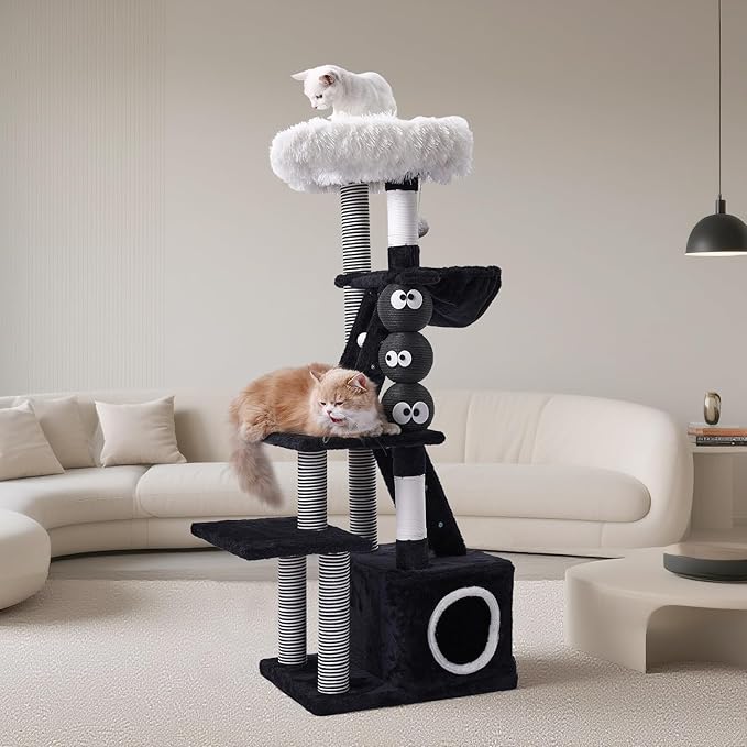 Cat Tree, 50.7in Multi-Level Cat Tower with Scratching Posts, Perch, Hammock and Hideaway condo, Indoor Cat Activity Center with Fun Cartoon Design, Black