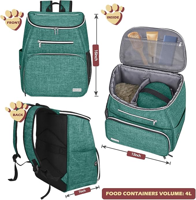 BAGLHER丨Dog Travel Bag Backpack, Airline Approved Pet Supplies Backpack, Dog Travel Bag with 2 Silicone Collapsible Bowls and 2 Food Baskets Green