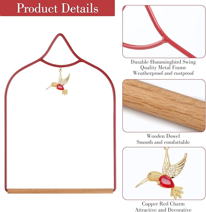 Hummingbird Swing - Metal Hummingbird Swings and Perches with Wooden Dowel for Outdoor Garden Patio Backyard Hanging, Bird Essentials