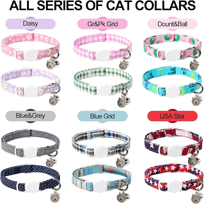 Lionet Paws 2pcs Pack Cotton Cat Collar,Breakaway Buckle with Blue Grid and Brand Pendant Cute Adjustable Cat Kitten Collar,Ideal for Girl Cats Boy Cats