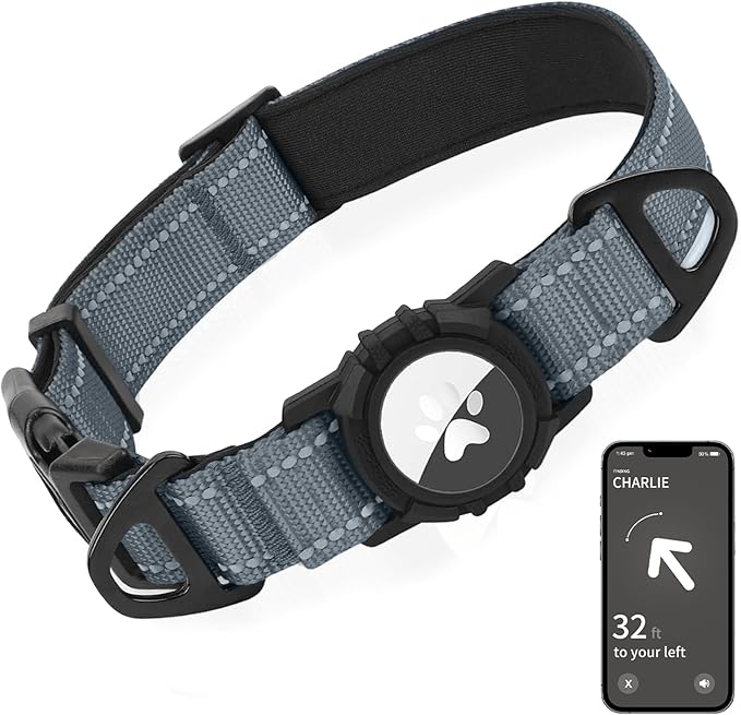 Joytale Airtag Dog Collar, Reflective Pet Collar with Waterproof AirTag Holder, Dual D-Rings, Soft Padded Adjustable for Medium Dogs, Gray, M