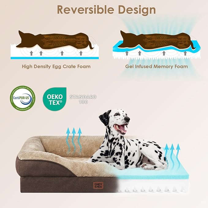 EHEYCIGA Orthopedic Dog Bed for Medium Dog, 35x22x6.5 Inch Memory Foam Dog Couch Bed with Sides, Waterproof Liner & Washable Removable Cover, Bolster Pet Sofa, Brown