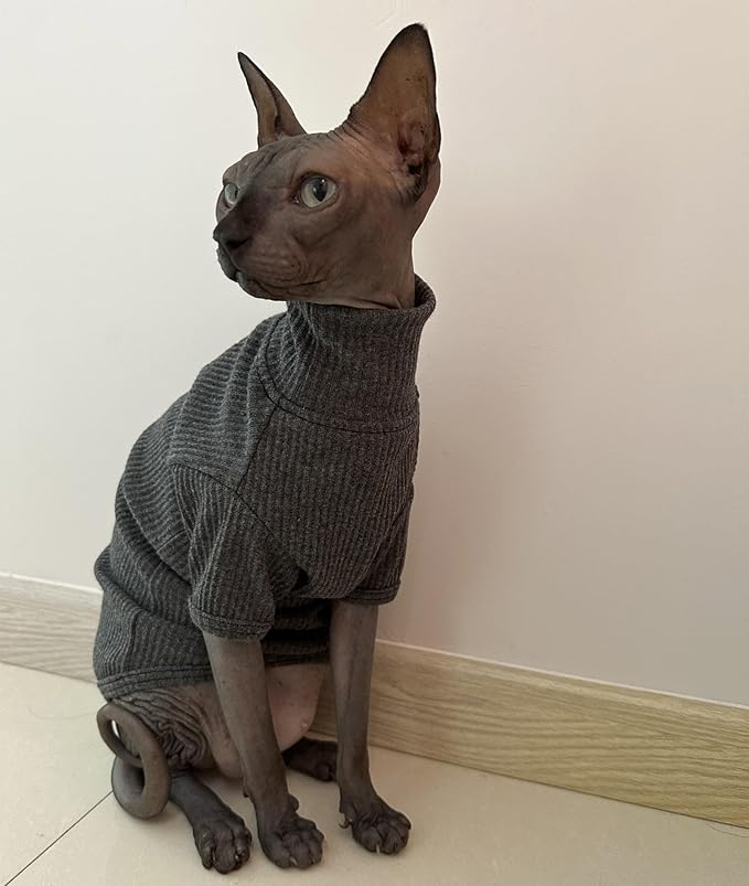 Sphynx Cats Shirt Cat Turtleneck Cotton Sweater Pullover Kitten T-Shirts with Sleeves Cat Pajamas Jumpsuit for Sphynx Cornish Rex, Devon Rex, Peterbald (XX-Large (Pack of 1), Deep Grey)