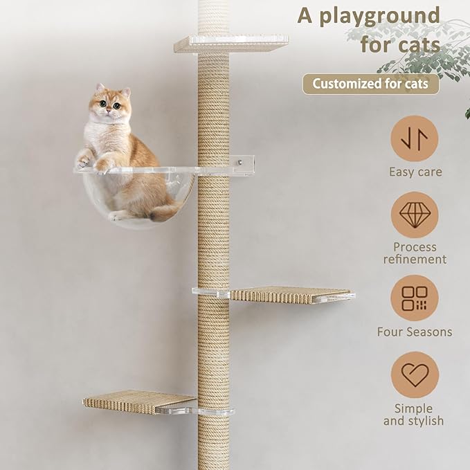 Floor to Ceiling Cat Tree, Acrylic Top Support PlateTall Cat Tower Natural Sisal Rope Scratching Post, Adjustable Height 55-103 Inches, Multi-Platform Activity Center