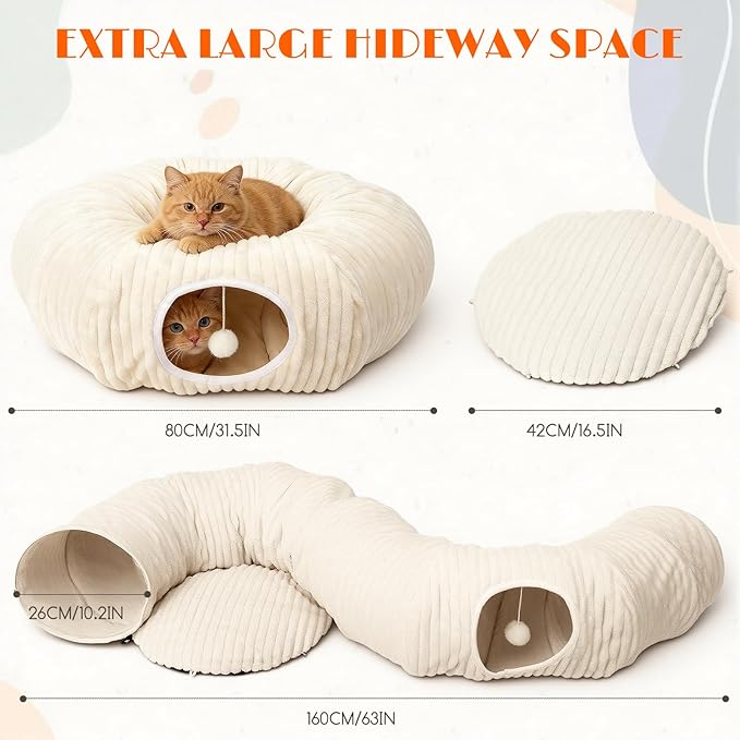 Cat Tunnel for Indoor Cats - Collapsible Foldable Play Tunnel with Cat Toys for Kittens & Rabbits, Fun Interactive Pet Toys for Enrichment & Hiding, Large Durable Crawl Tube for Playtime and Exercise