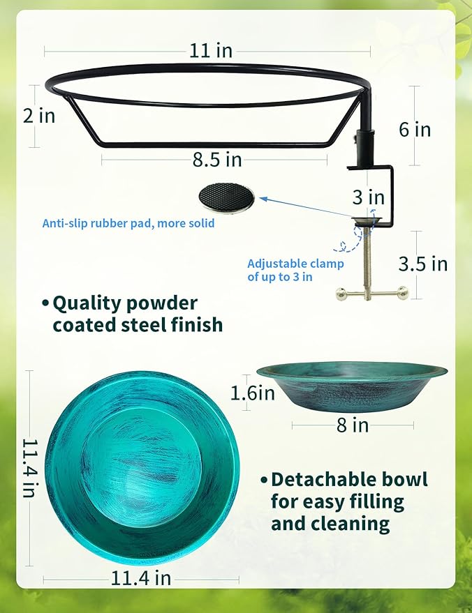 Deck Mounted Bird Bath for Outside, Detachable Birdbath Bowl with Sturdy Clamp, Easy Setup Outdoor Bird Feeder for Garden Patio Lawn Yard Decoration