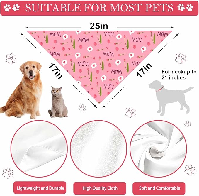 Mothers Day Dog Bandanas, 2 Pack Reversible Super Mom Pet Scarf for Boy and Girl, Triangle I Love My Mom Bandana for Small Medium Large and Extra Large Dogs