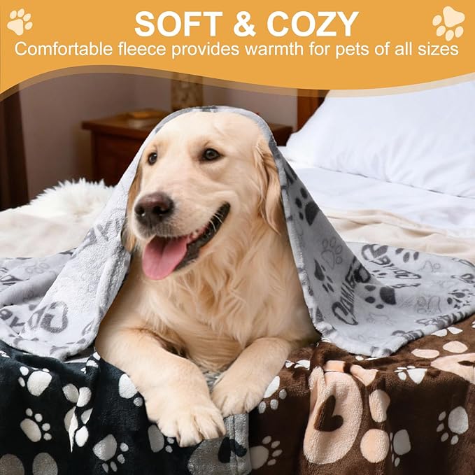 Premium Dog Blankets for Small Dogs & Cat Flannel Blanket Washable, Soft Pet Throw Cover for Kennel Crate Bed, Cute Paw Pattern, 31x23 inch,Black/Grey/Brow