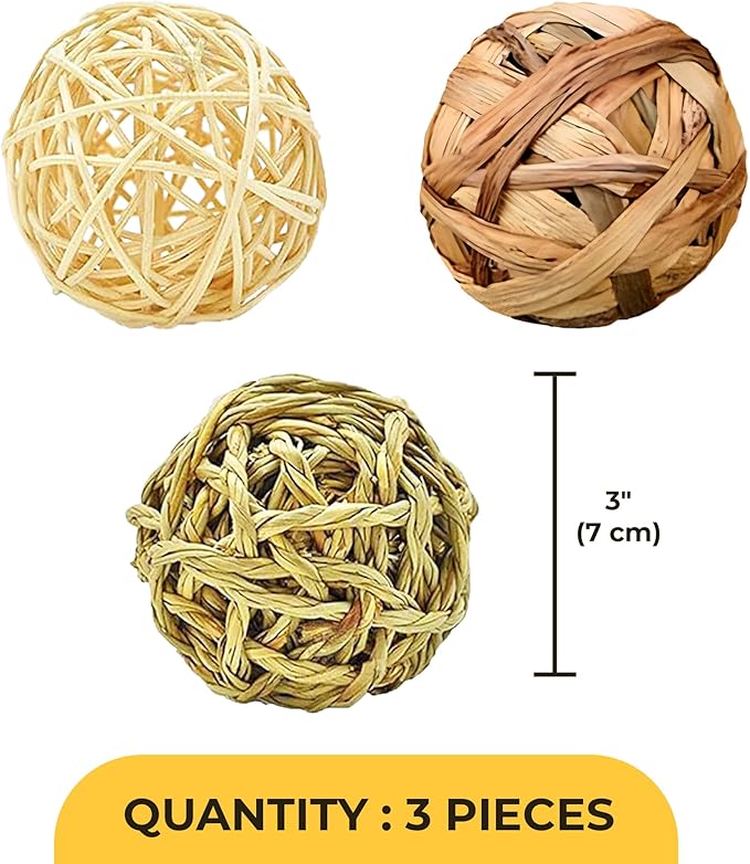 SunGrow Assorted Rabbit Chew Balls, Teething Activity Toy for Pocket Pets, Improves Dental Health, Environment Friendly, Stress Reliever (Assorted, 3 Pcs)
