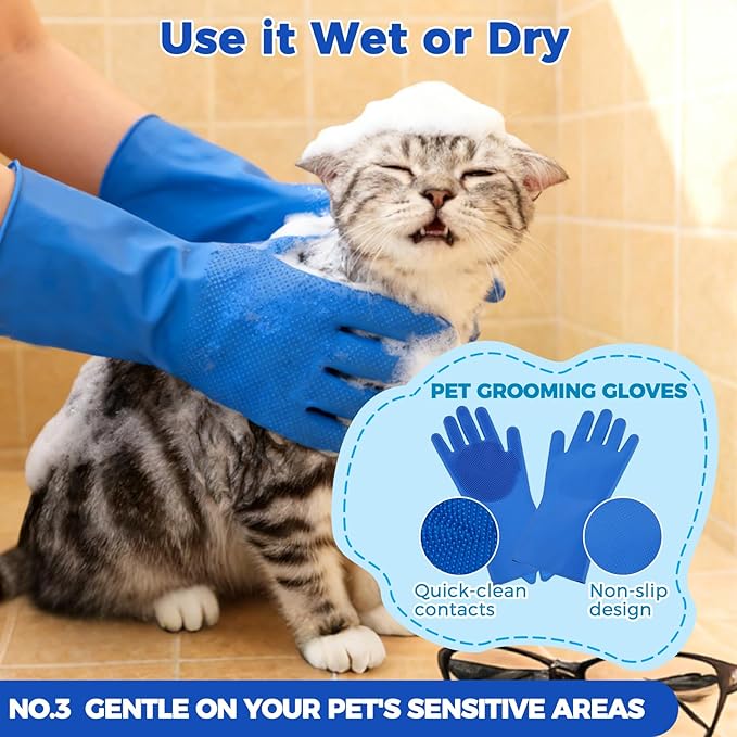 PAWCHIE Bath Grooming Kit for Pets, 9 PCS Hair Brush Set with Towel,Washing Gloves,Bath Brush and Adjustable Handle Shampoo Brush & Scrubber for Short Long Haired Dogs and Cats,Dog Bath Supplies,Blue