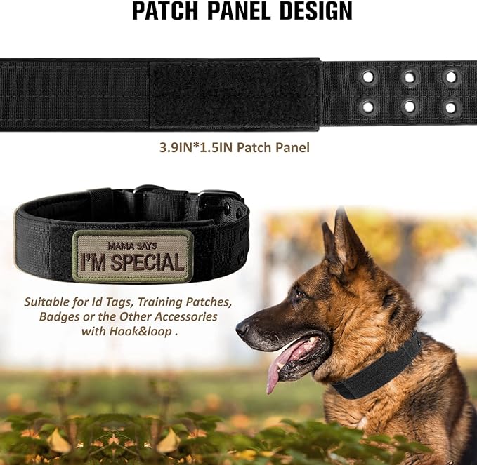 Tactical Dog Collar Military Adjustable Dog Collars Soft Nylon Training Collar with Patch Heavy Duty Metal Buckle Collars for Medium Large Dogs (Black, M)