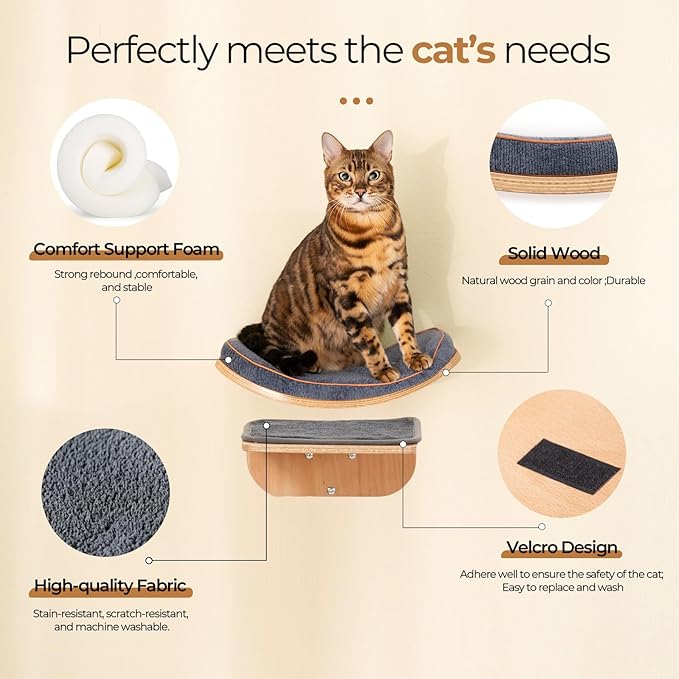 Cat Wall Shelves for Cat Wall Steps, Perch, Ladder, Wooden Floating Modern Mounted Space Saving Furniture with Scratching Cushion Removal Cover for Climbing, Jumping and Sleeping(Combo)