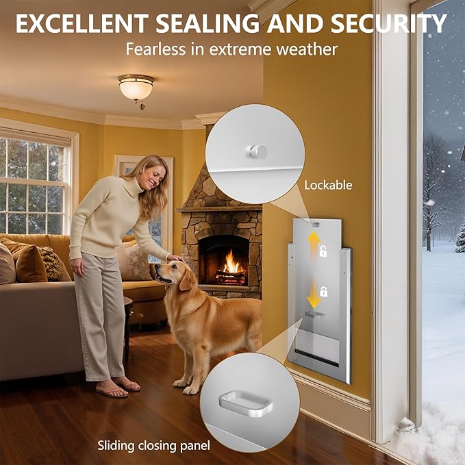 Ownpets Aluminum Large Dog Door for Wall and Door, Double Flap Energy Efficient, Telescoping Tunnel and Lock Panel, Heavy Duty Doggy Door for Dogs Up to 100lbs