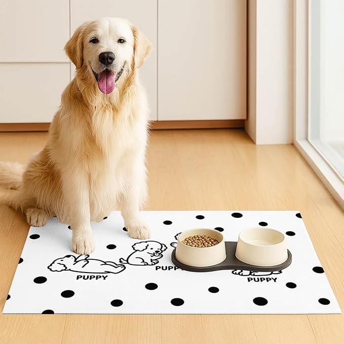 Puppy Pattern Pet Feeding Mat 24x16 Inch Polka Dot Pet Feeding Area Mat Pet Food Mat Pet Mats for Food and Water Dog Mat for Food and Water Indoor Feeding Corner Kitchen Floor Decor
